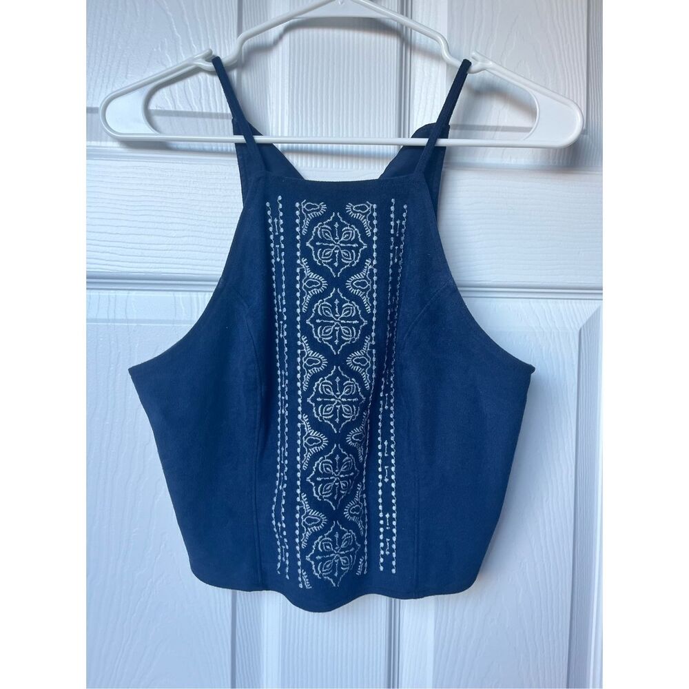 Abercrombie & Fitch Crop Tank Small Women's Navy White Embroidered High Neck